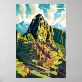 Machu Picchu Peru Art Vintage Travel Illustration Poster