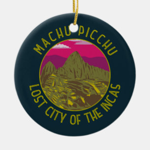 Machu Picchu Peru Retro Distress Circle Julgransprydnad Keramik
