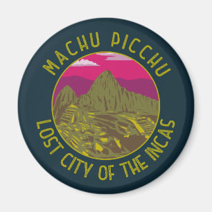 Machu Picchu Peru Retro Distress Circle Magnet