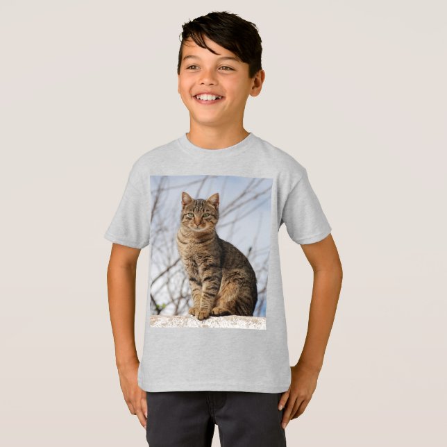Mackerel Tabby katt Barn Tee Shirt (Hel framsida)