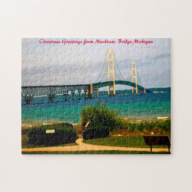 Mackinac Bridge Michigan. Julhälsningar Pussel (Horisontell)