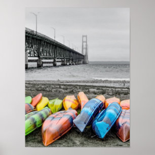 Mackinac Bridge och Canoes Select Färg Poster