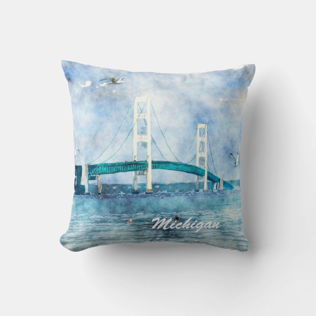 Mackinac Bridge Sceric Watercolor Art Kudde (Framsida)