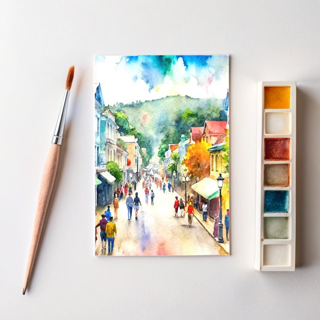 Mackinac Island Busy Street Watercolor Painting Vykort (Skapare uppladdad)