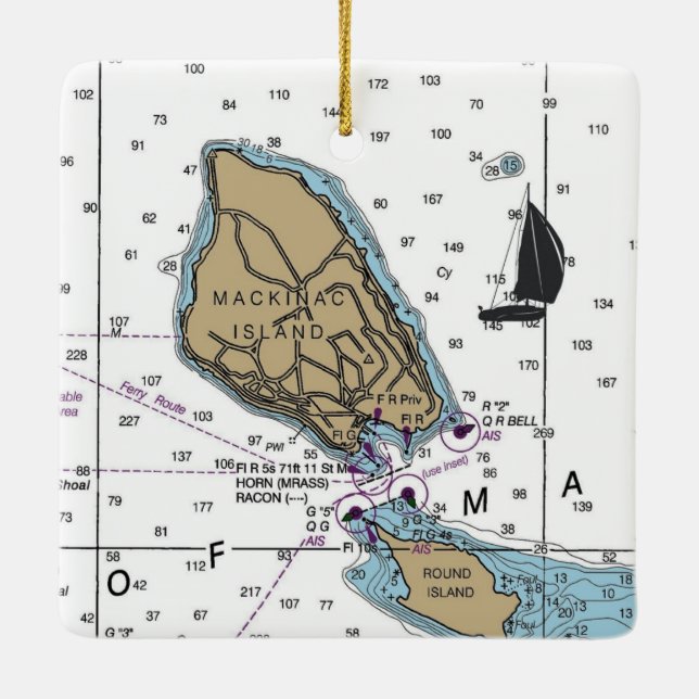 Mackinac Island MI Nautical Diagram Julgransprydnad Keramik (Baksida)