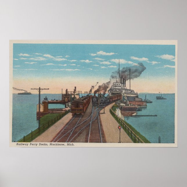 Mackinaw City, MI - View of Railway Ferry Docks Poster (Framsidan)
