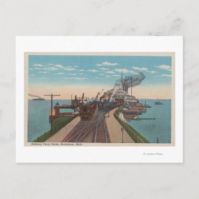 Mackinaw City, MI - View of Railway Ferry Docks Vykort (Framsida)