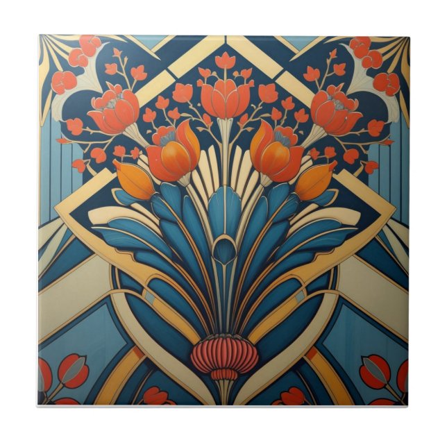Mackintosh Art Deco Abstrakt Blommig Väggdekor Kakelplatta (Framsidan)