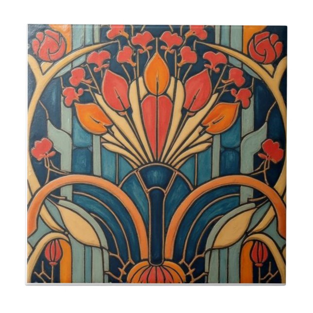 Mackintosh Art Deco Abstrakt Blommig Väggdekor Kakelplatta (Framsidan)