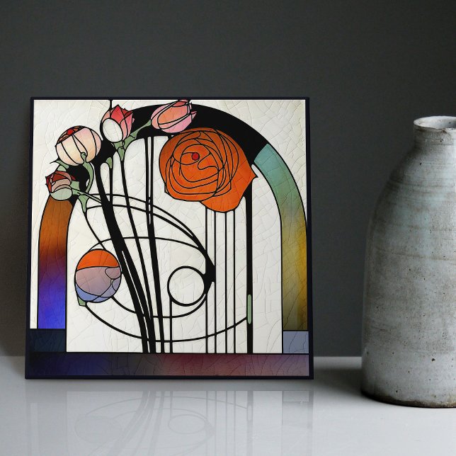 Mackintosh Art Deco Abstrakt Blommigt Wall Decor Kakelplatta (Skapare uppladdad)