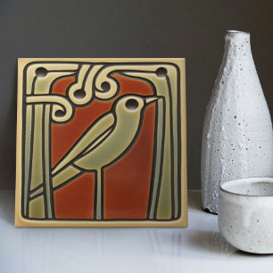 Mackintosh Bird Grönt Red Wall Decor Kakelplatta