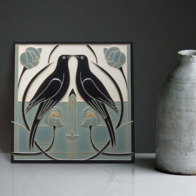 Mackintosh Black Birds Art Deco Nouveau Wall Decor Kakelplatta (Skapare uppladdad)