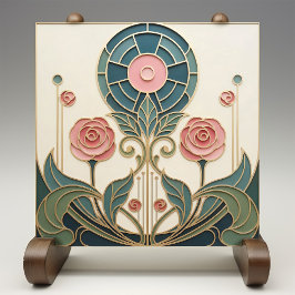 Mackintosh Rose Art Nouveau Fals Färgat Glas Kakelplatta