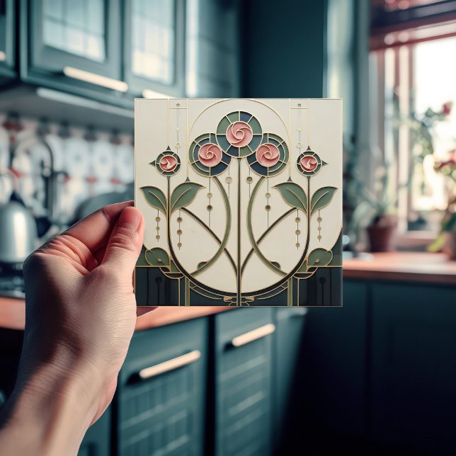 Mackintosh Rose Art Nouveau Fals Färgat Glas Kakelplatta (Skapare uppladdad)