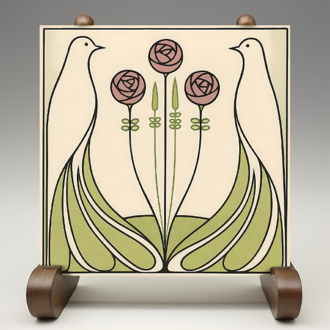 Mackintosh Rose & Birds Art Nouveau Minimalist Kakelplatta (Skapare uppladdad)