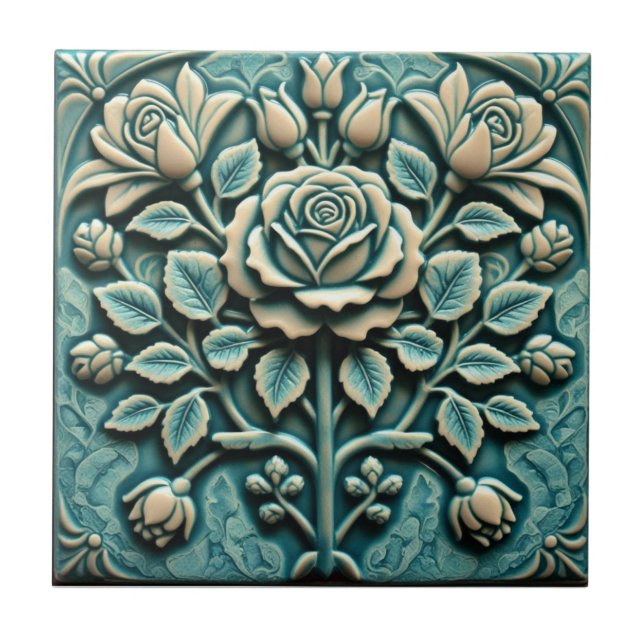 Mackintosh Rose Faux Relief Arts & Crafts Repro Kakelplatta (Framsidan)
