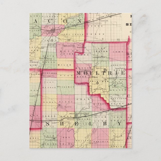 Macon, Moultrie, Shelby County Vykort (Framsida)