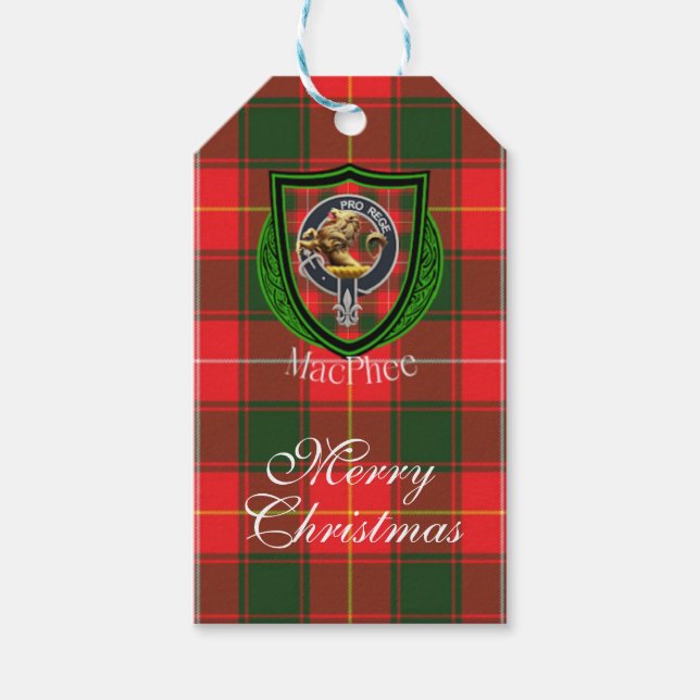 MacPhee skotska klan tartan och vapensköld Presentetikett (Framsidan)