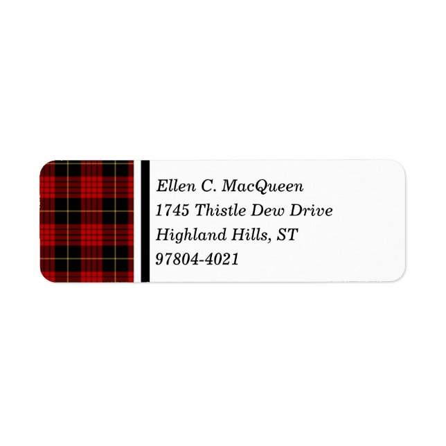 MacQueen Klan Black och Red Scottish Tartan Returadress Etikett (Framsidan)