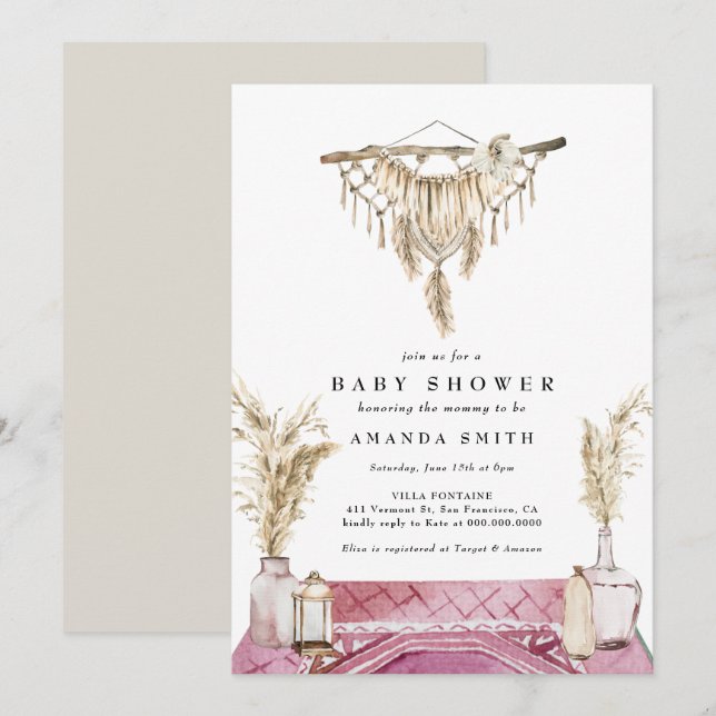 Macrame Boho Chic Rustic Girl Baby Shower Inbjudningar (Fram/baksida)
