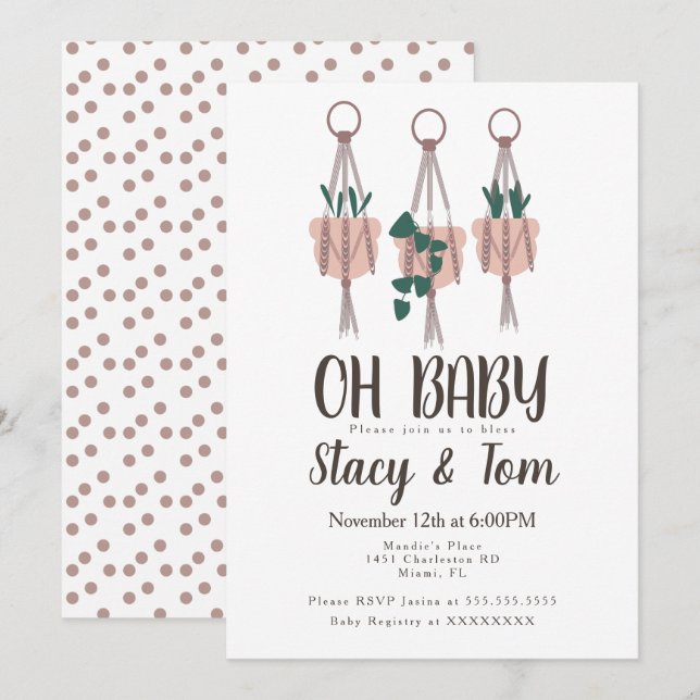 Macrame växtställ plantera boho baby shower inbjudningar (Fram/baksida)