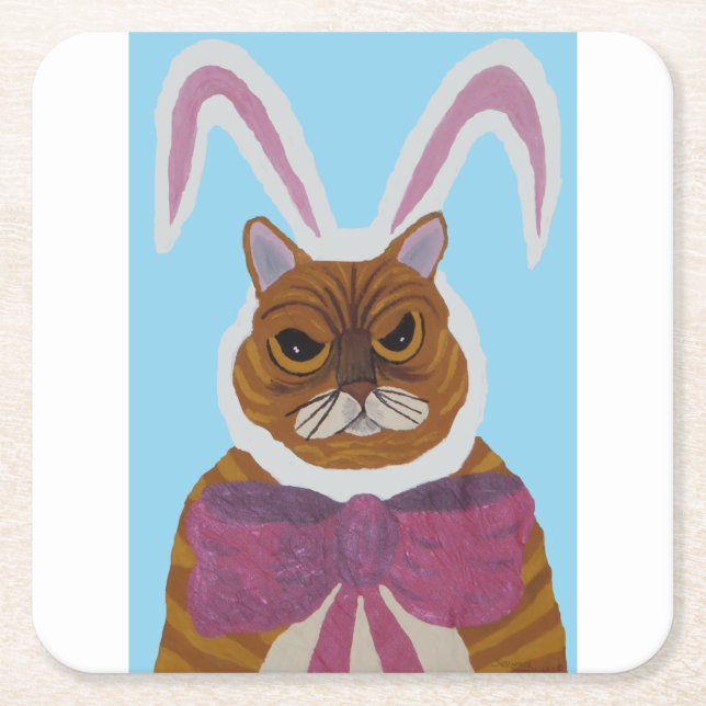 Mad Cat in Bunny Ears Easter  Underlägg Papper Kvadrat (Framsidan)