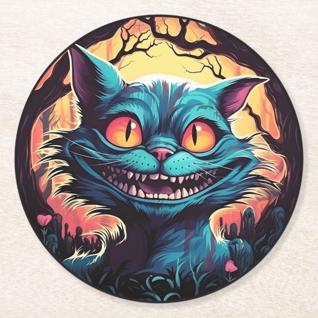 Mad Cheshire Cat Alice i Wonderland Underlägg Papper Rund (Framsidan)