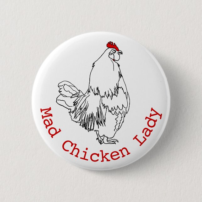 Mad Chicken Dam Funny Farm Tupp Art Teckning Knapp (Framsida)