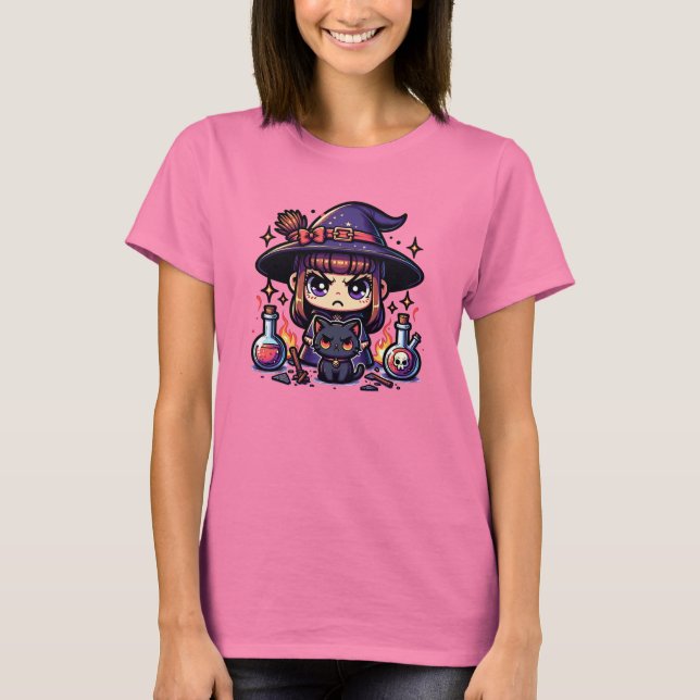 Mad Cute Witch och Black Kattunge T Shirt (Framsida)