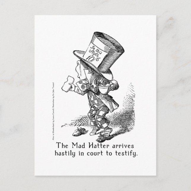 Mad Hatter Arrives Hastily i domstolen av Tenniel Vykort (Framsida)