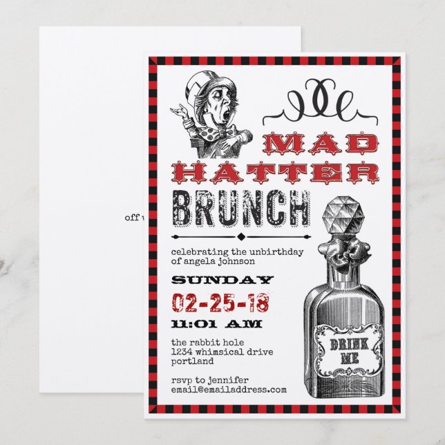 Mad Hatter Brunch Party Inbjudningar (Fram/baksida)