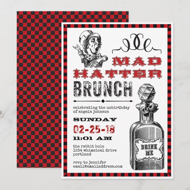 Mad Hatter Brunch Party om White Inbjudningar (Fram/baksida)