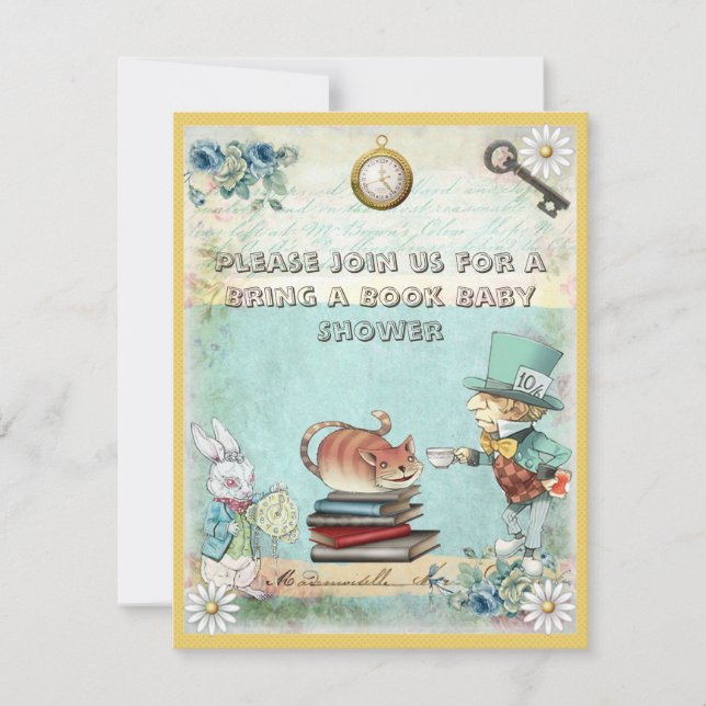 Mad Hatter & Cat för med sig en Bok-babyskabb Inbjudningar (Framsida)