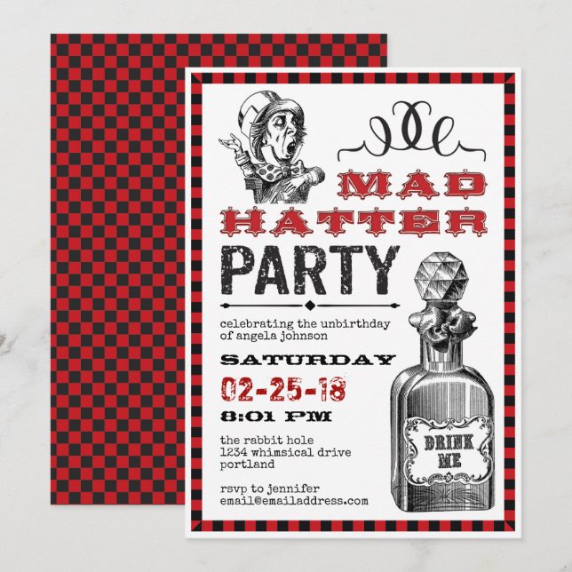 Mad Hatter-födelsedagen Party Inbjudningar (Fram/baksida)