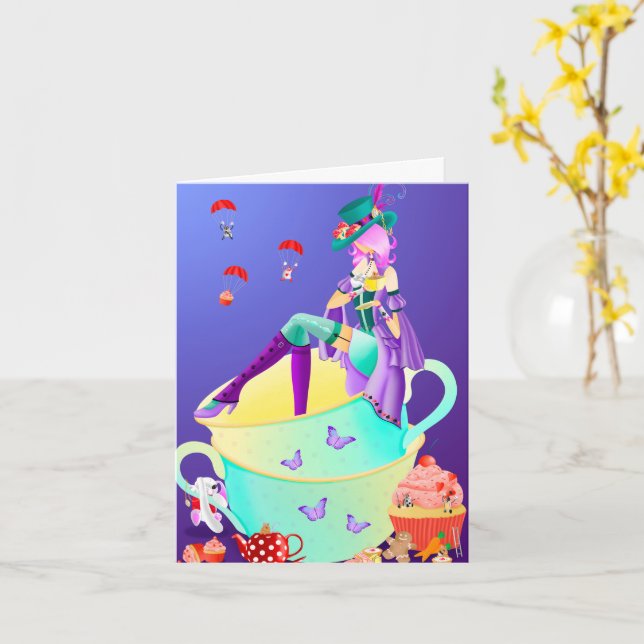 Mad Hatter i Tea Kopp Hälsning Card Kort (Gul blomma)