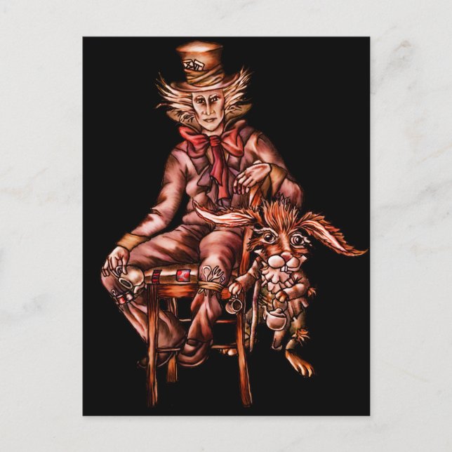 Mad Hatter med mars Hare Teckning Vykort (Framsida)