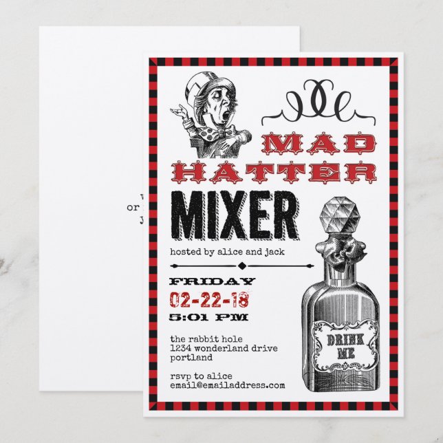Mad Hatter Mixer Party Inbjudningar (Fram/baksida)