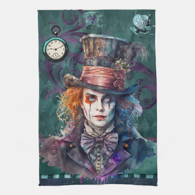 Mad Hatter Watercolor porträtt Kökshandduk (Vertikal)