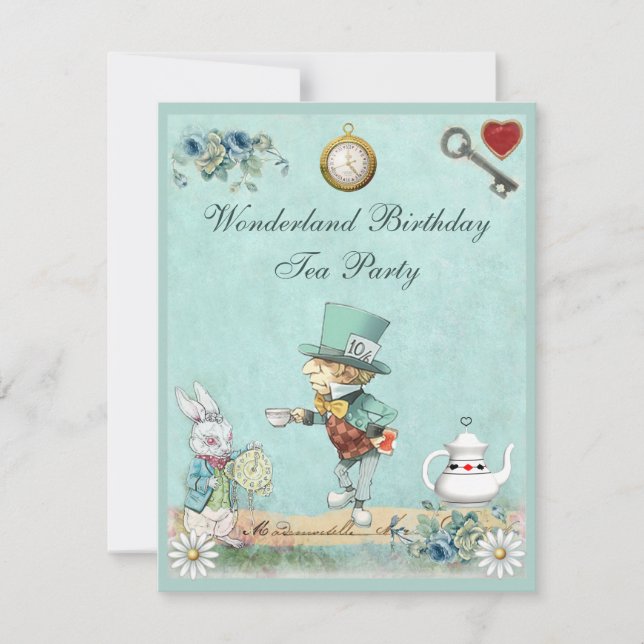 Mad Hatter Wonderland Birthday Tea Party Inbjudningar (Framsida)