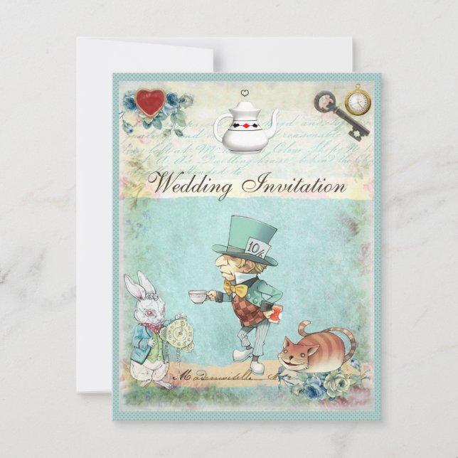 Mad Hatter Wonderland Bröllop Inbjudningar (Framsida)