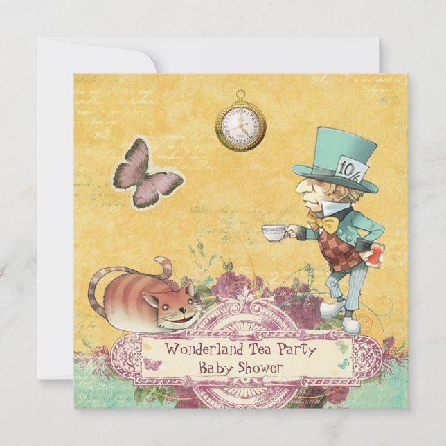 Mad Hatters Wonderland Tea Party Baby Shower Inbjudningar (Framsida)