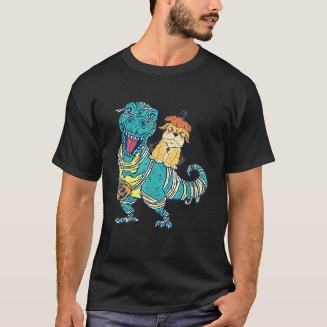 Mad Hund Riding Mummy Dinosaur t Rex Halloween Fun T Shirt (Framsida)