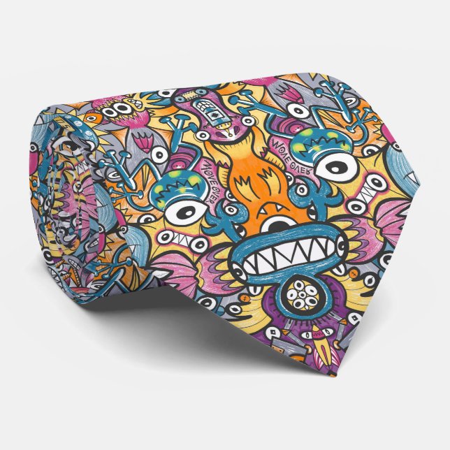Mad monsters och robots i en galen fullsatt mönste slips (Rullad)