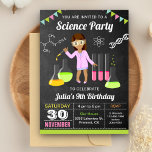 Mad Science Experiment Flick kalas Inbjudan<br><div class="desc">Förbluffa dina gäster med den här färgstarka vetenskapen födelsedagsfest inbjudan med en laboratorieflicka som gör ett experiment mot en bakgrund av en kalkbräda. Lägg bara till din händelseinformation i den här mallen som är enkel att använda för att göra den till en inbjudan av typen en. Vänd över kortet för...</div>