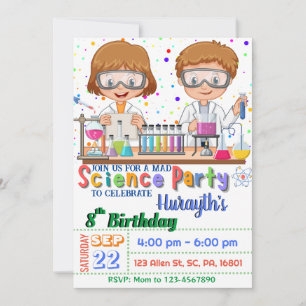 Mad Science Födelsedagsfest`BU:s inbjudan