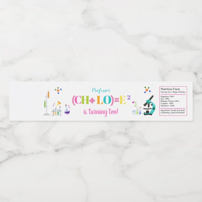 Mad Science Födelsedagsfest Girl Favor White Vattenflaska Etikett (Singel etikett)