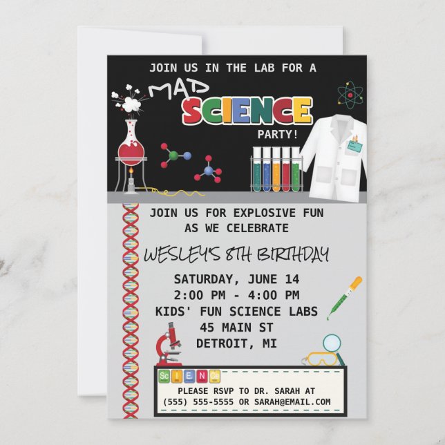 Mad Science Födelsedagsfest inbjudan (Framsida)