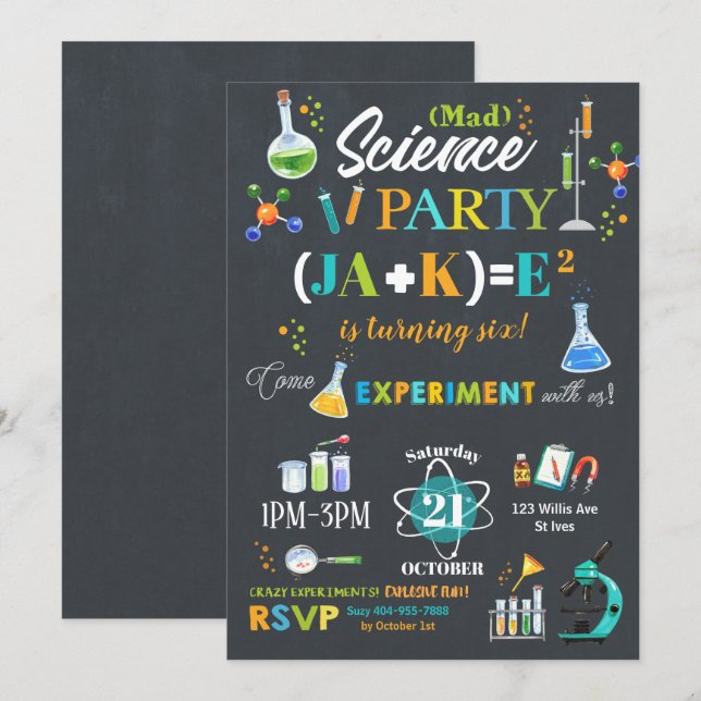 Mad Science Party Birthday bjudande Boy Inbjudningar (Fram/baksida)