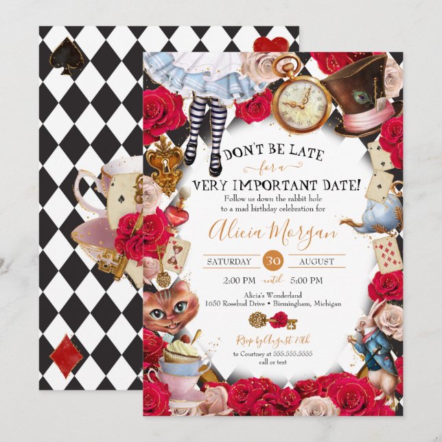 Mad Tea Party/Wonderland Birthday eller Baby Showe Inbjudningar (Fram/baksida)