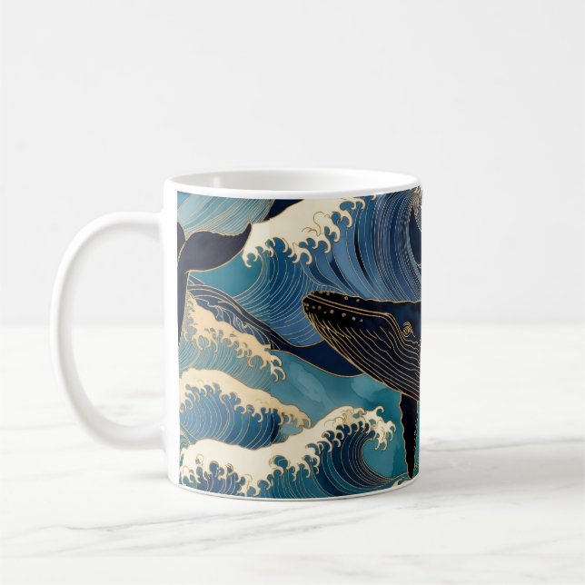 Madagascar Ocean Whale - Blue & Gold Waves |  Kaffemugg (Vänster)